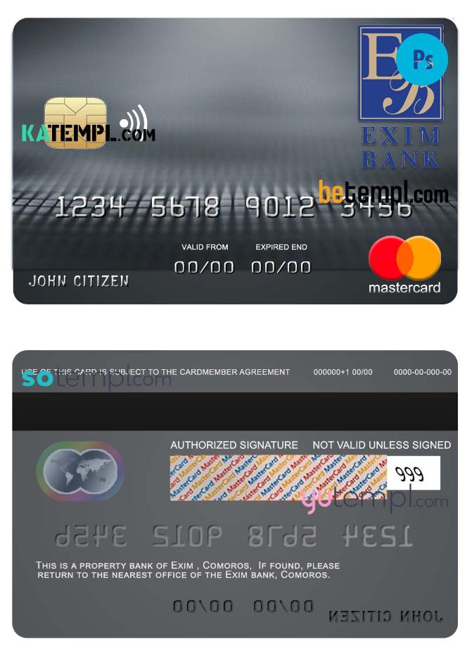 Comoros Exim bank mastercard credit card template in PSD format, fully editable